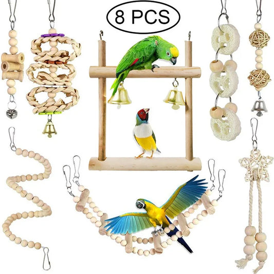 8PCS Set Combination Parrot Bird Toys Wood Articles